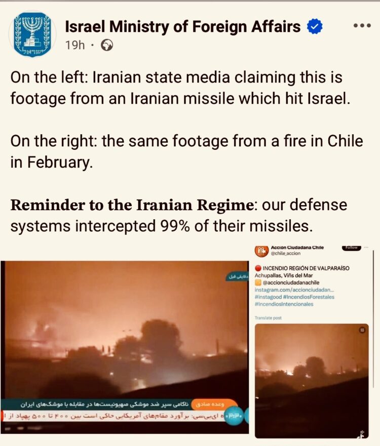 Iran Broadcasts Months-Old Clip of Fire in Chile on National TV, Claiming it’s the Destruction Inflicted Upon Israel
